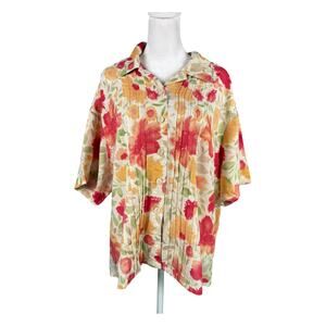 Napa Valley Women's 2X Linen Blend Short Sleeve Pleated Button Up Blouse Floral